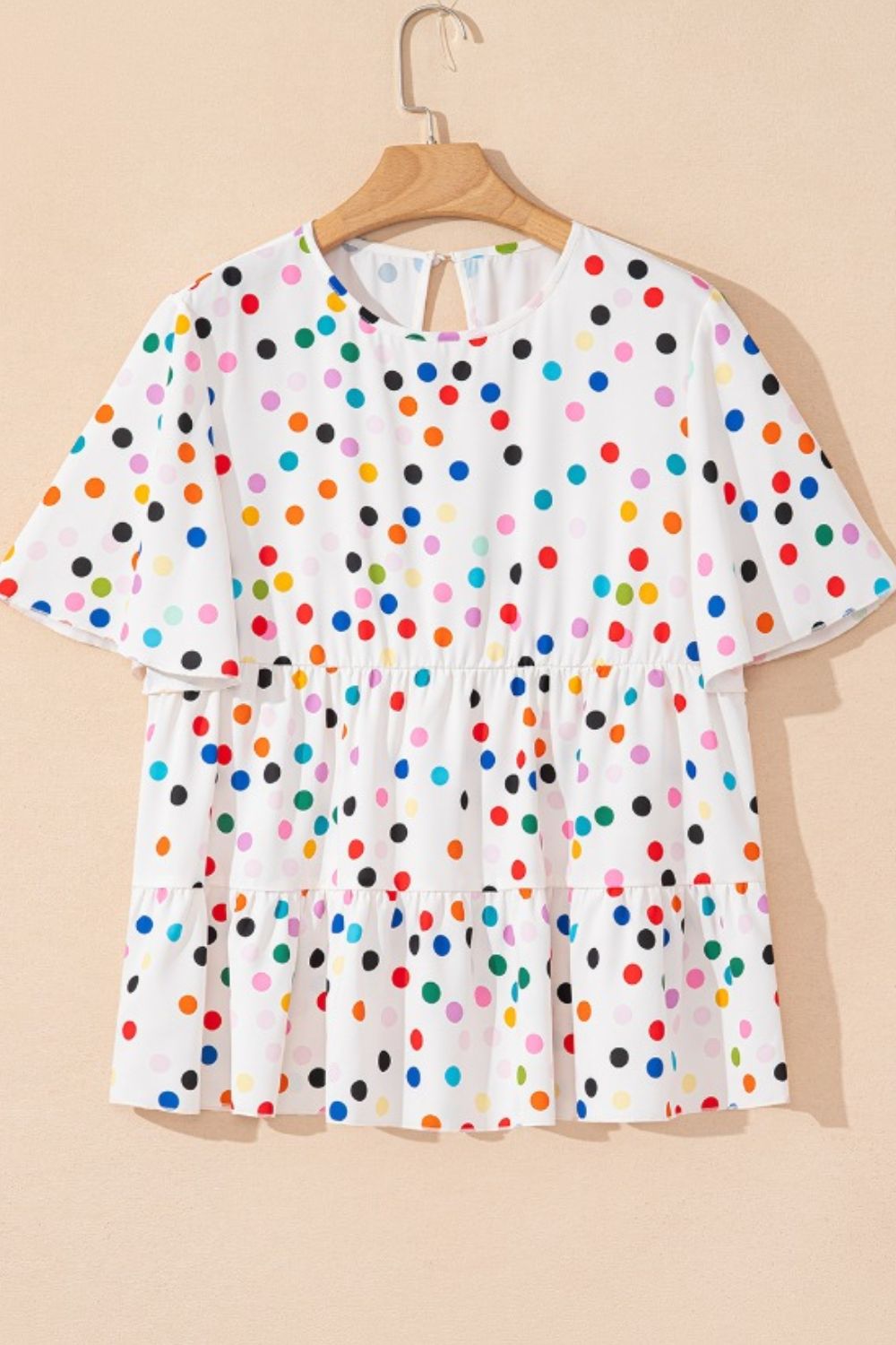 Polka Dot Short Sleeve Tiered Ruffled Babydoll Blouse