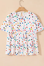 Polka Dot Short Sleeve Tiered Ruffled Babydoll Blouse