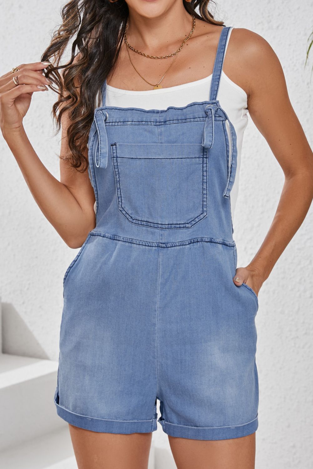 Square Neck Denim Overalls with Pockets