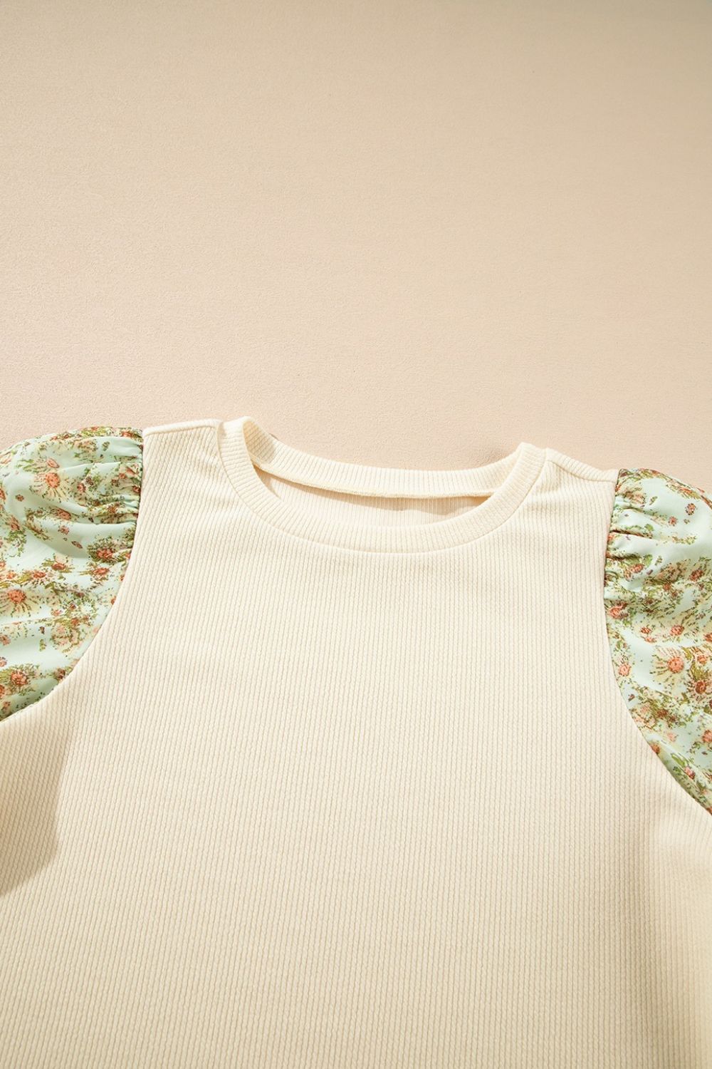 Floral Puff Sleeve Ribbed Blouse - felvior