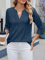 Eyelet Notched Roll-Tab Sleeve Top