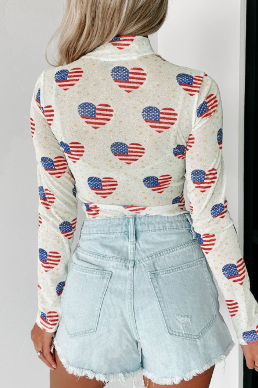 US Flag Heart Mock Neck Long Sleeve Bodysuit - felvior