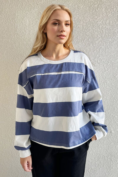 Oh Pima Cotton Wash Exposed Seam Contrast Striped Round Neck Long Sleeve T-Shirt - felvior