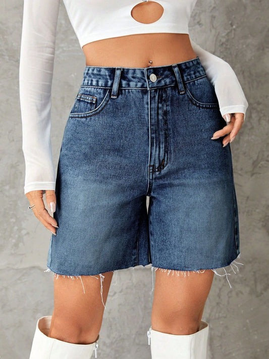 Frayed Hem Denim Shorts - felvior