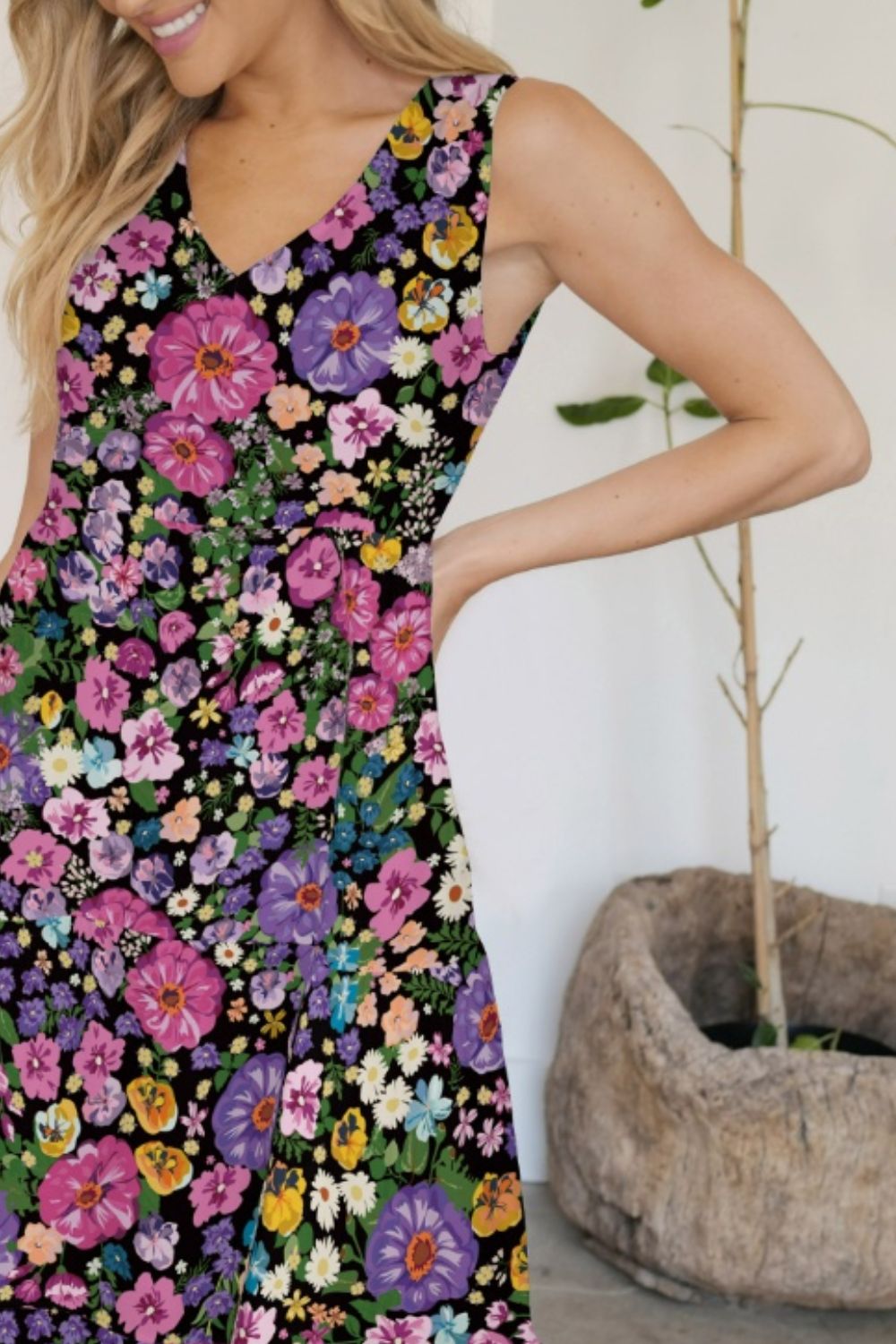 FAM-FAM Tiered Printed V-Neck Sleeveless Dress - felvior