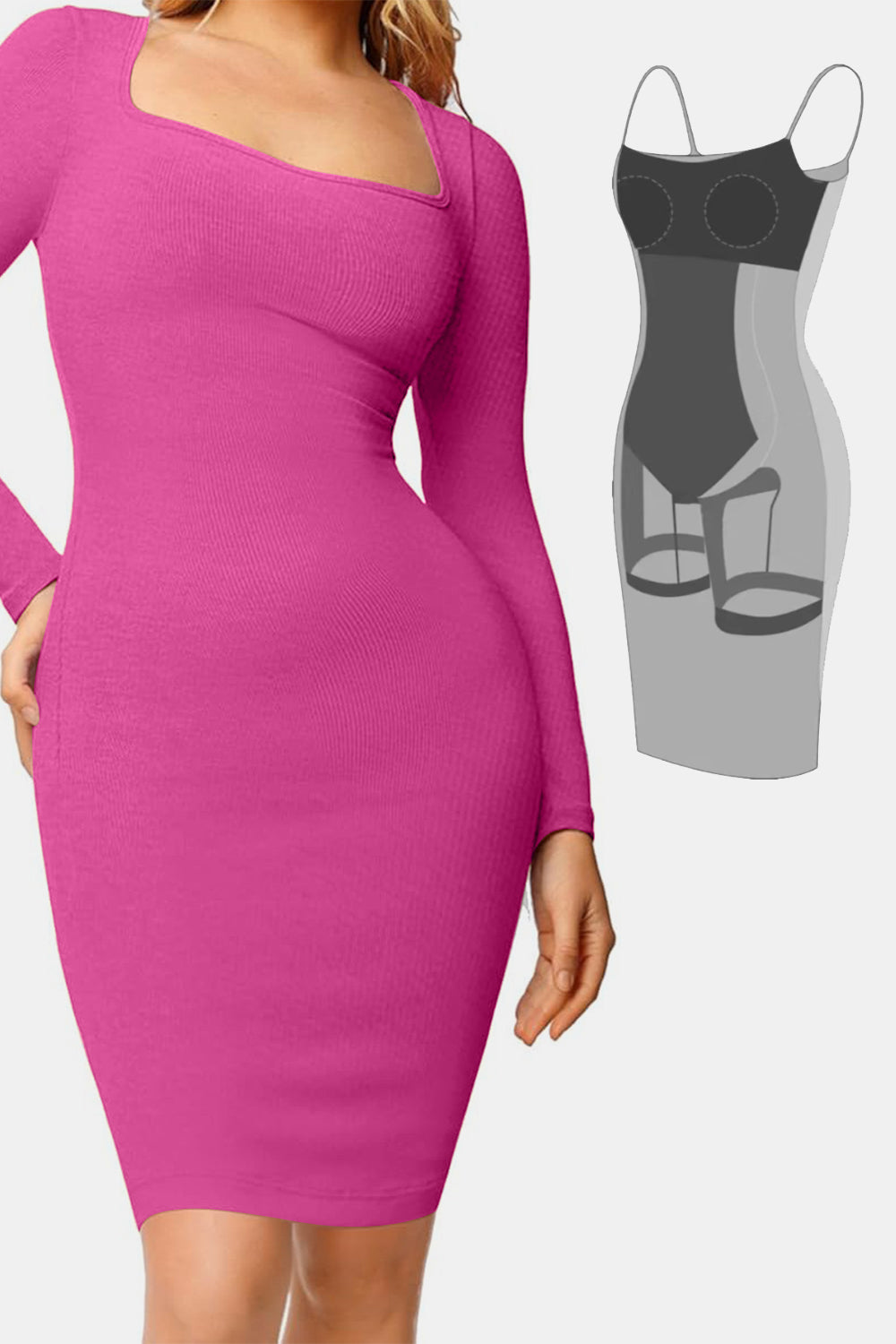 Basic Bae Full Size Built-In Shapewear Square Neck Long Sleeve Dress - felvior