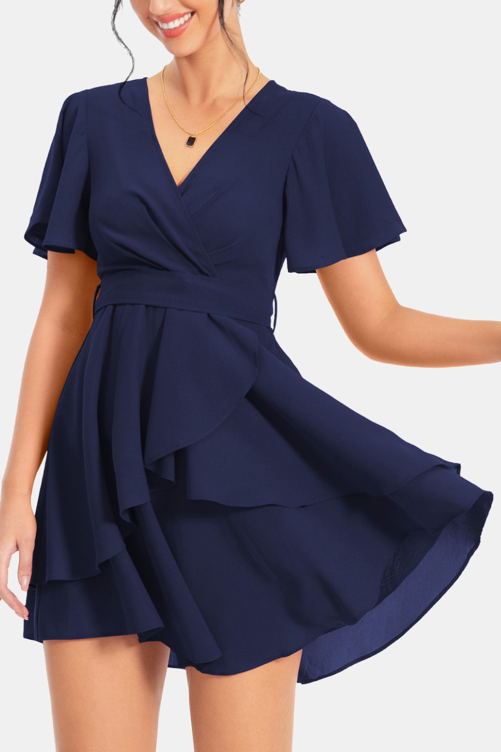 Surplice Neck Flutter Sleeve Dress - felvior