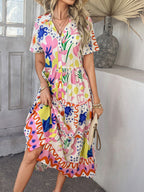 Devine Printed Johnny Collar Button Down Short Sleeve Midi Shirt Dress