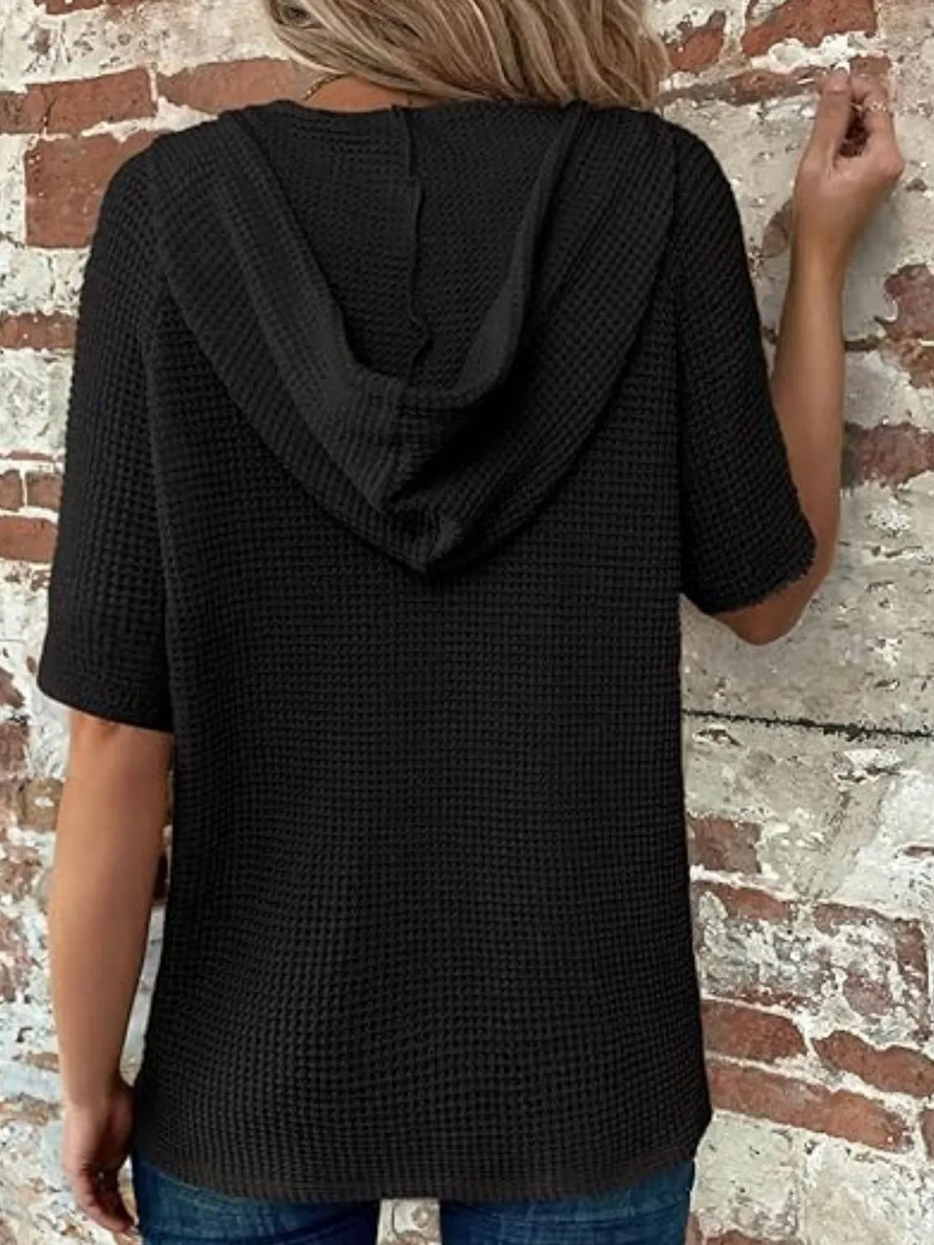 Drawstring Waffle-Knit Short Sleeve Hooded Top