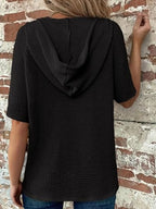 Drawstring Waffle-Knit Short Sleeve Hooded Top