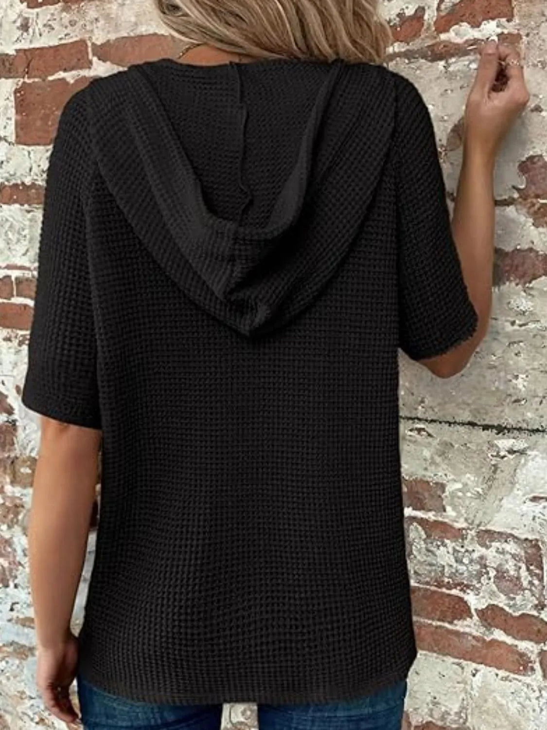 Drawstring Waffle-Knit Short Sleeve Hooded Top