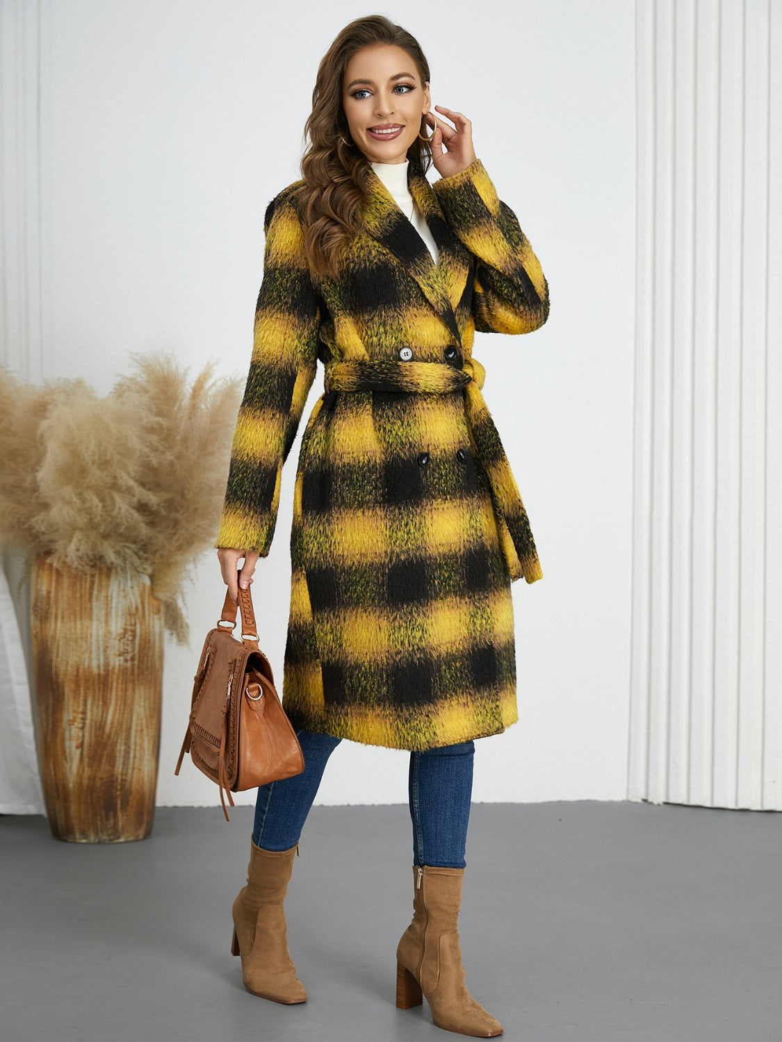 Plaid Tie Waist Long Sleeve Coat - felvior