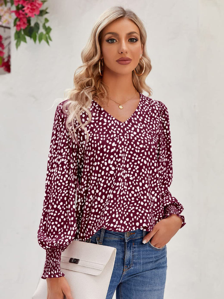 Printed V-Neck Lantern Sleeve Blouse - felvior