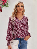 Printed V-Neck Lantern Sleeve Blouse - felvior