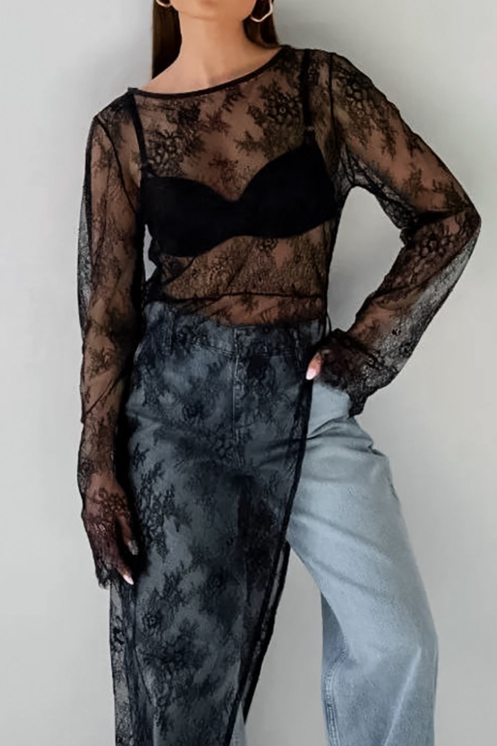 Fringe Round Neck Long Sleeve Lace Sheer Top Image principale du produit