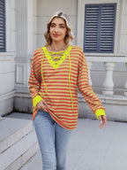 Lace-Up Striped Long Sleeve T-Shirt