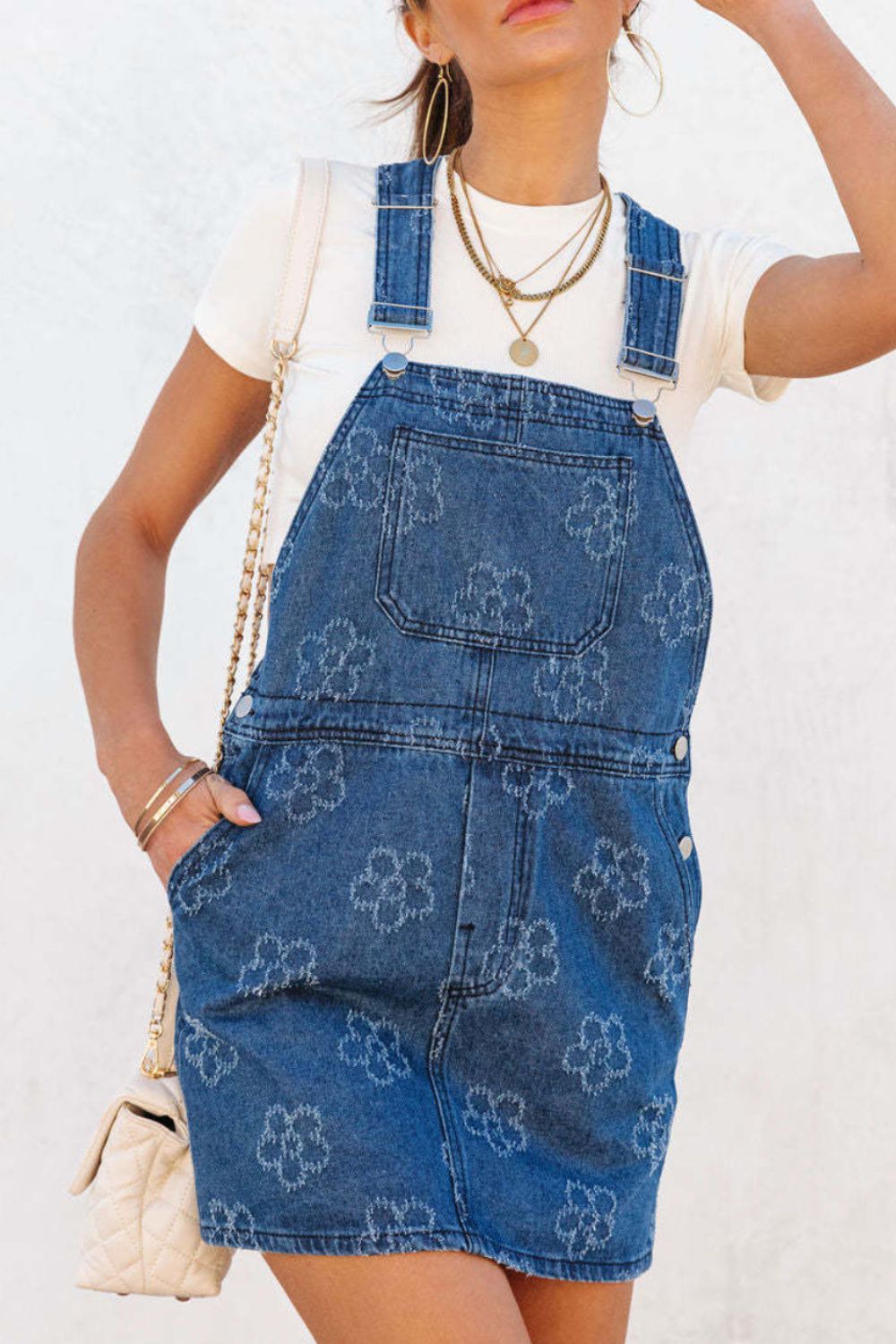 Flower Print Square Neck Denim Overall Dress - felvior