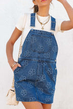Flower Print Square Neck Denim Overall Dress