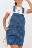 Flower Print Square Neck Denim Overall Dress - felvior