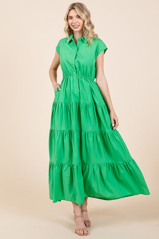 Mittoshop Button Up Collared Tiered Maxi Shirt Dress - felvior