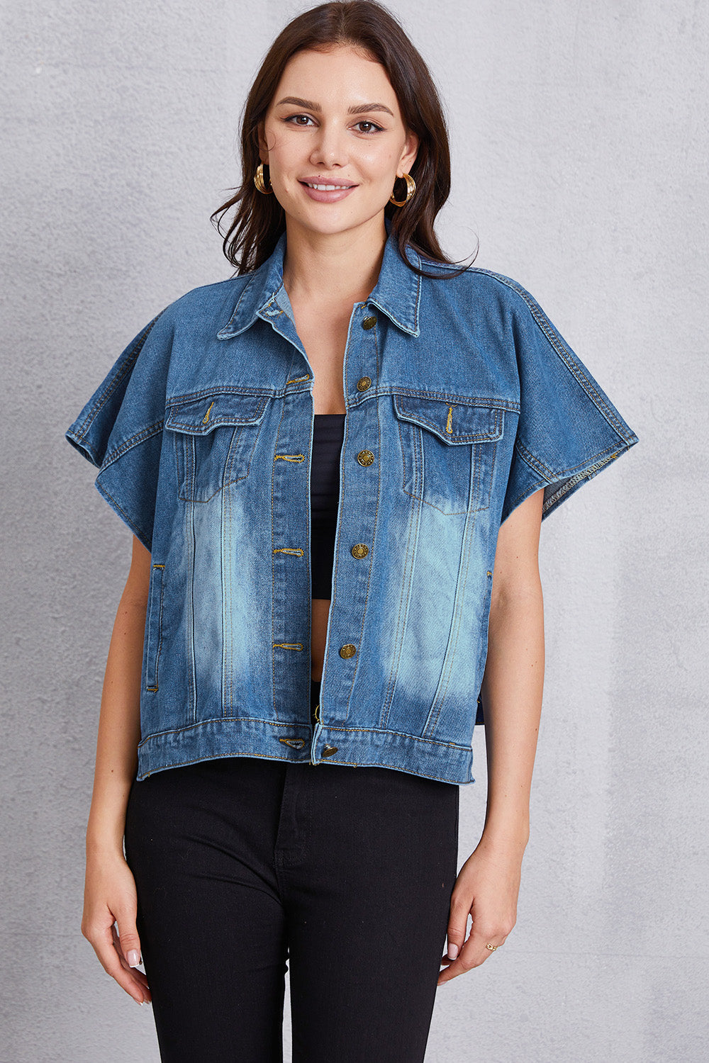 Pocketed Button Up Short Sleeve Denim Top - felvior