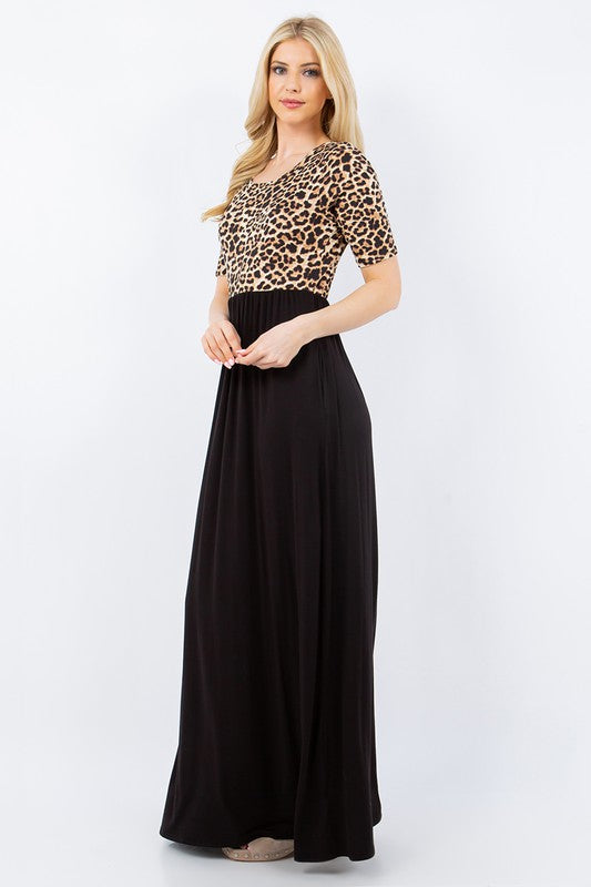 Celeste Full Size Leopard Round Neck Maxi Dress with Pockets Plus Size - felvior