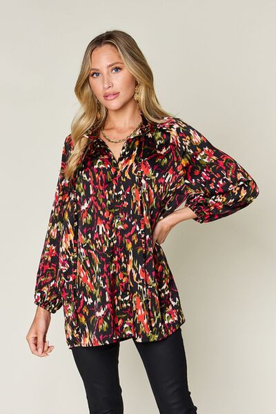 Double Take Full Size Printed Button Up Long Sleeve Shirt - felvior