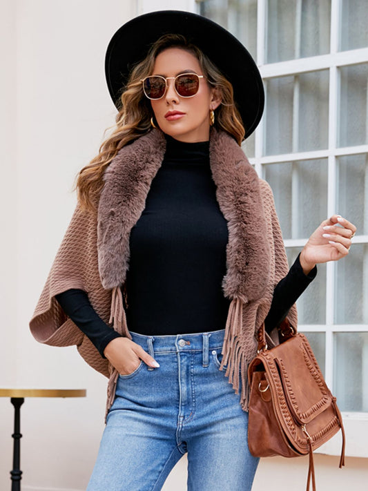 Open Front Fringe Hem Poncho - felvior