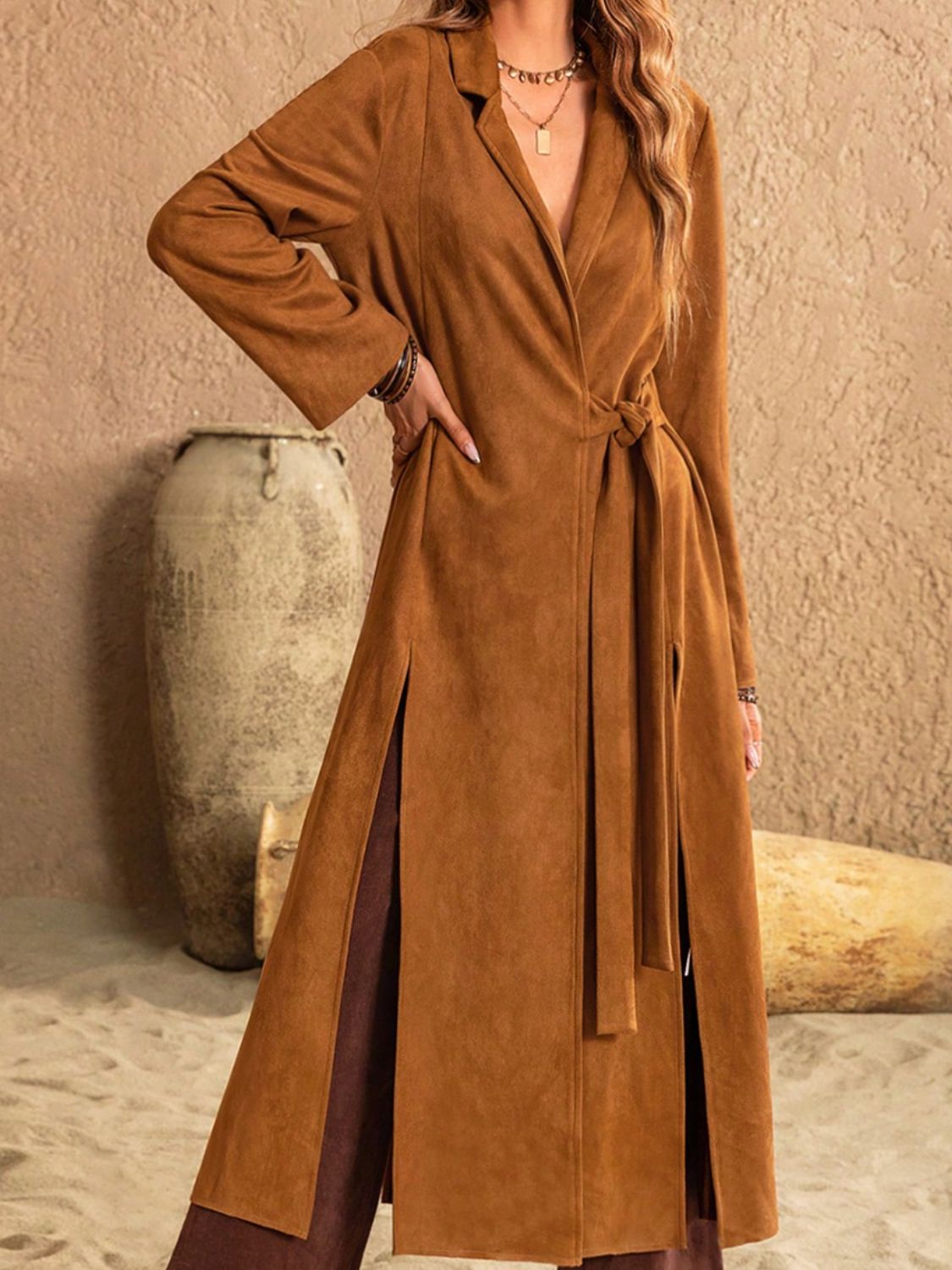 Slit Tied Collared Neck Longline Coat - felvior