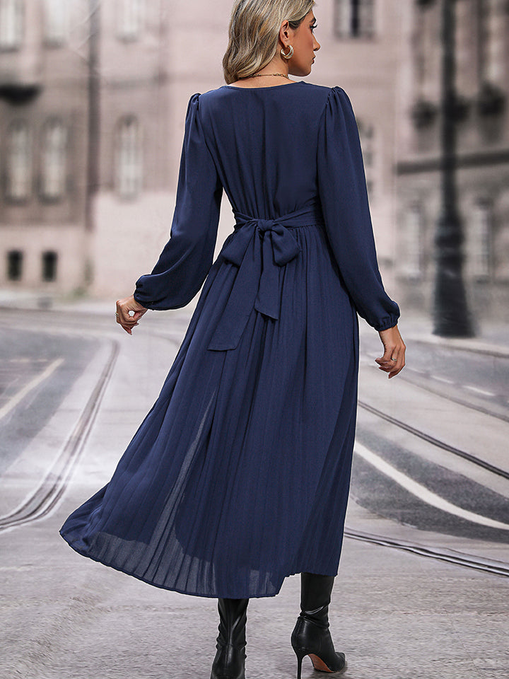 Perfee V-Neck Long Sleeve Pleated Slit Dress - felvior