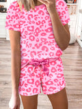 Leopard Round Neck Top and Shorts Lounge Set - felvior