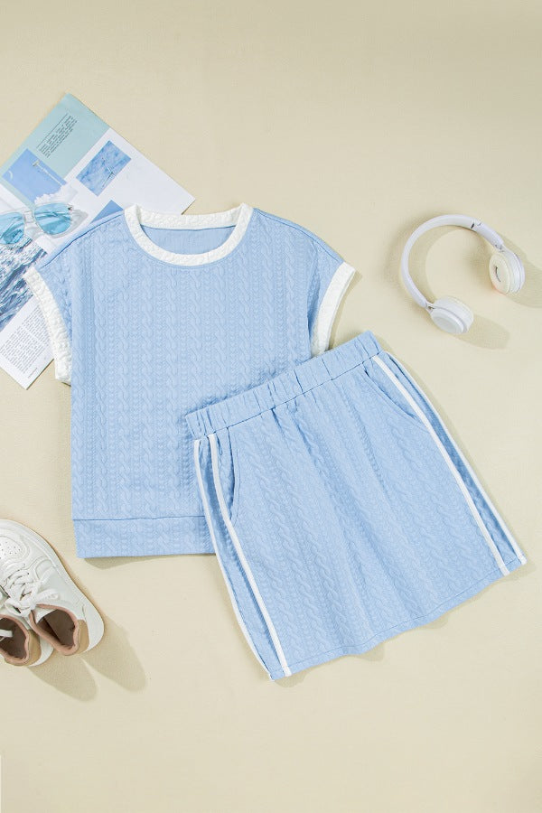 Contrast Trim Textured Crewneck Tee and Pocketed Skirt Set - felvior