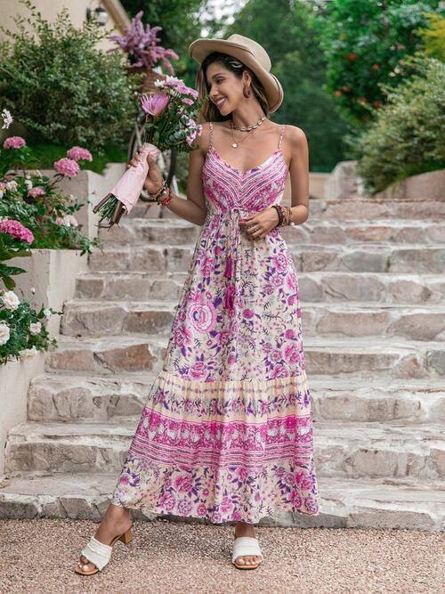 Tassel Printed V-Neck Maxi Dress - felvior