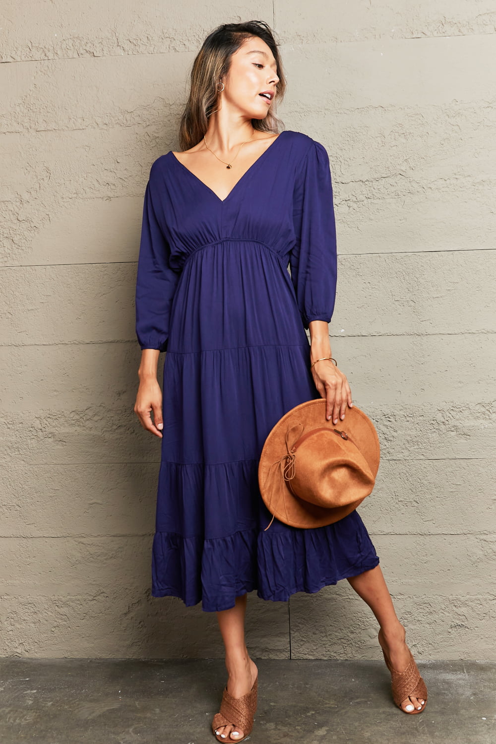 Perfee Tied Backless Tiered Midi Dress - felvior