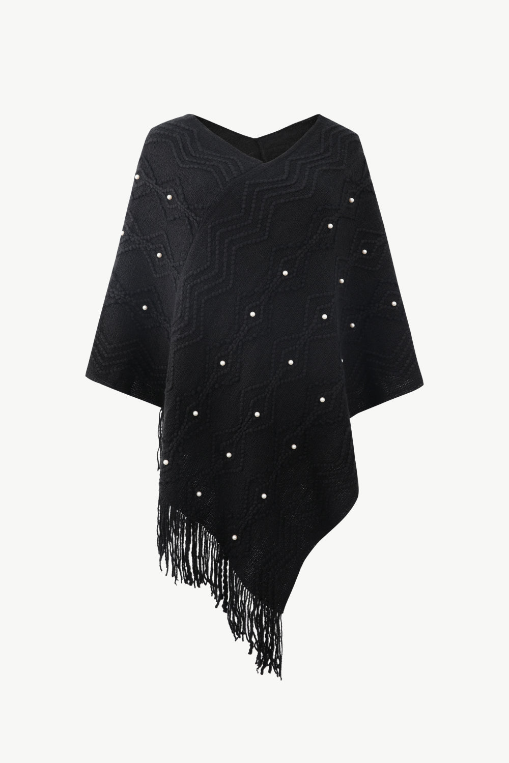 Pearl Trim V-Neck Fringe Hem Poncho - felvior