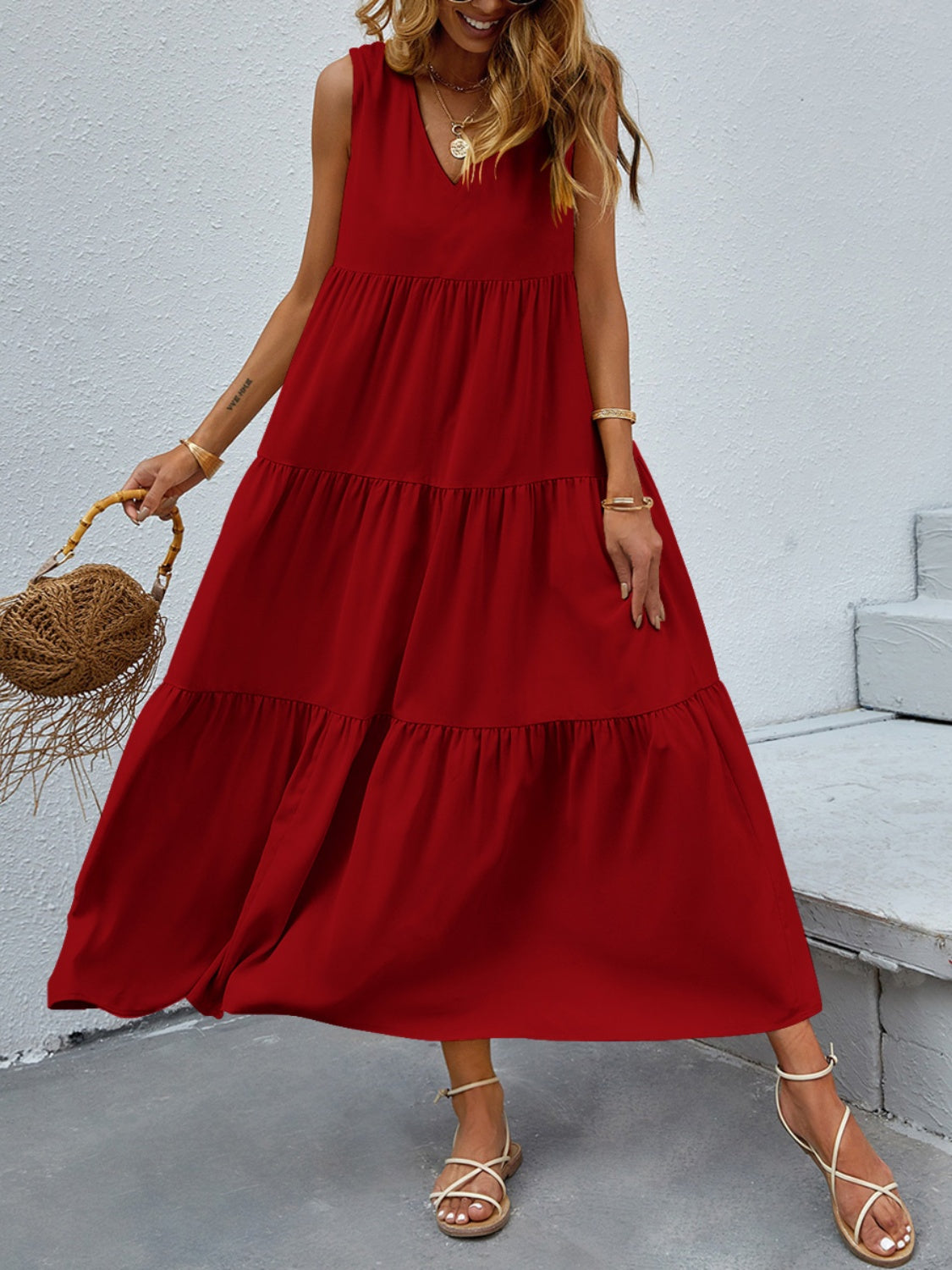 FAM-FAM Tiered V-Neck Sleeveless Dress - felvior