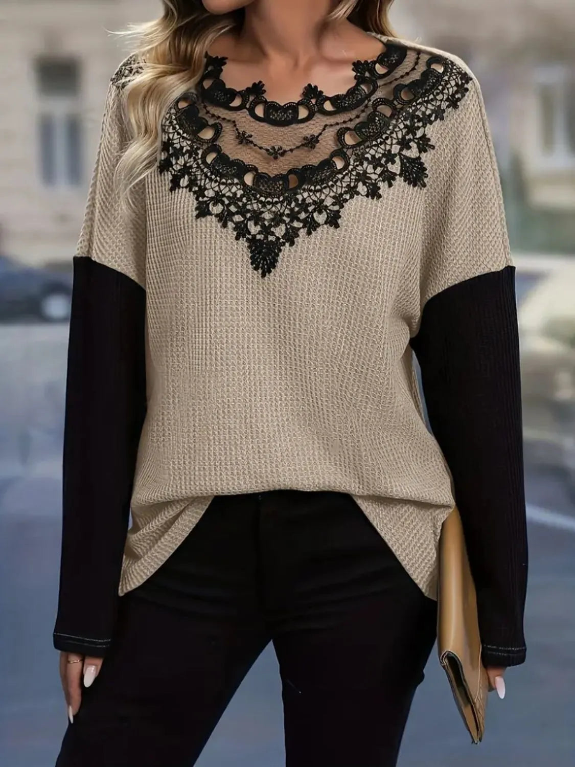 Contrast Lace Round Neck Long Sleeve T-Shirt