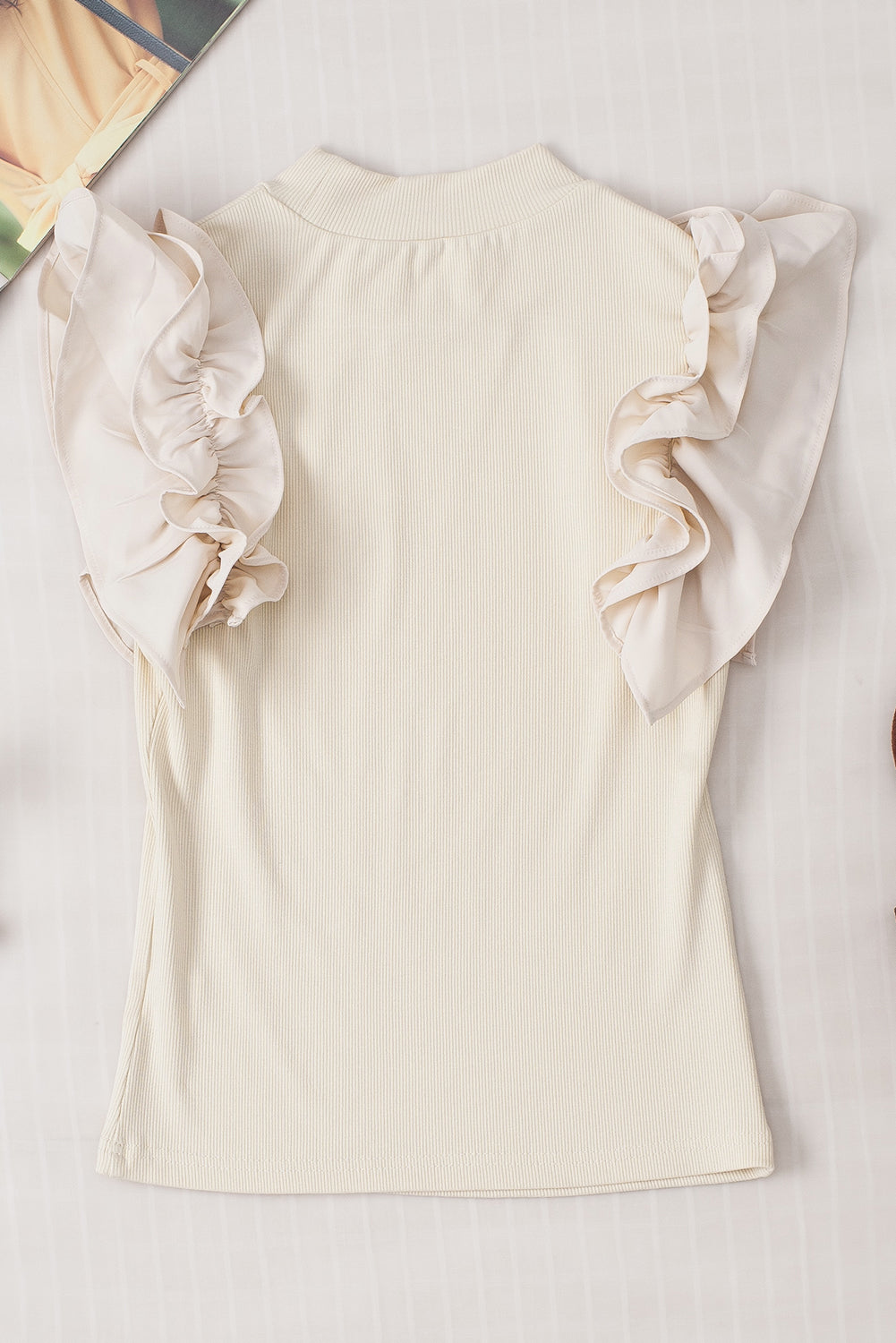 Ruffle Flutter Sleeve Mock Neck Ribbed Top - felvior