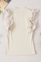 Ruffle Flutter Sleeve Mock Neck Ribbed Top