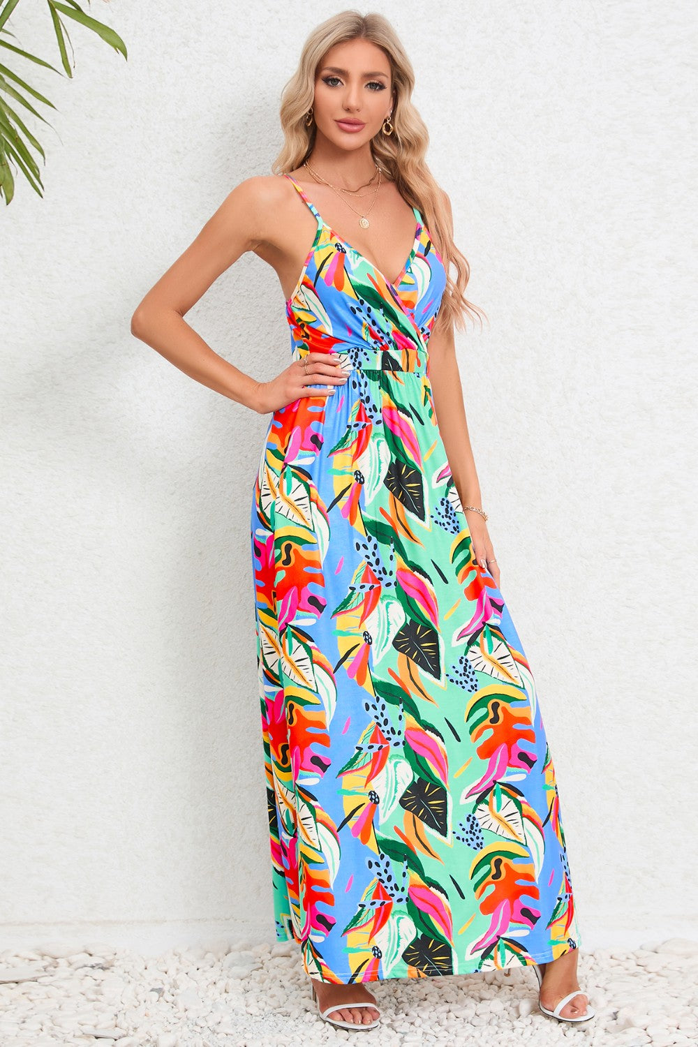 Printed Surplice Maxi Cami Dress - felvior