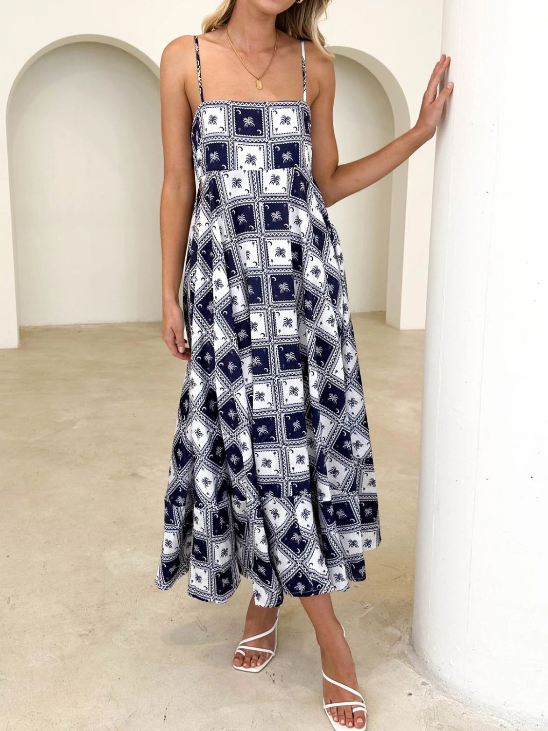Printed Square Neck Midi Cami Dress - felvior