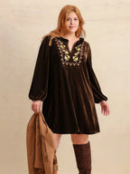 Plus Size Embroidered Notched Balloon Sleeve Mini Dress