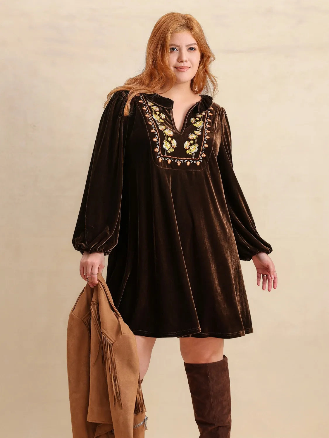 Plus Size Embroidered Notched Balloon Sleeve Mini Dress
