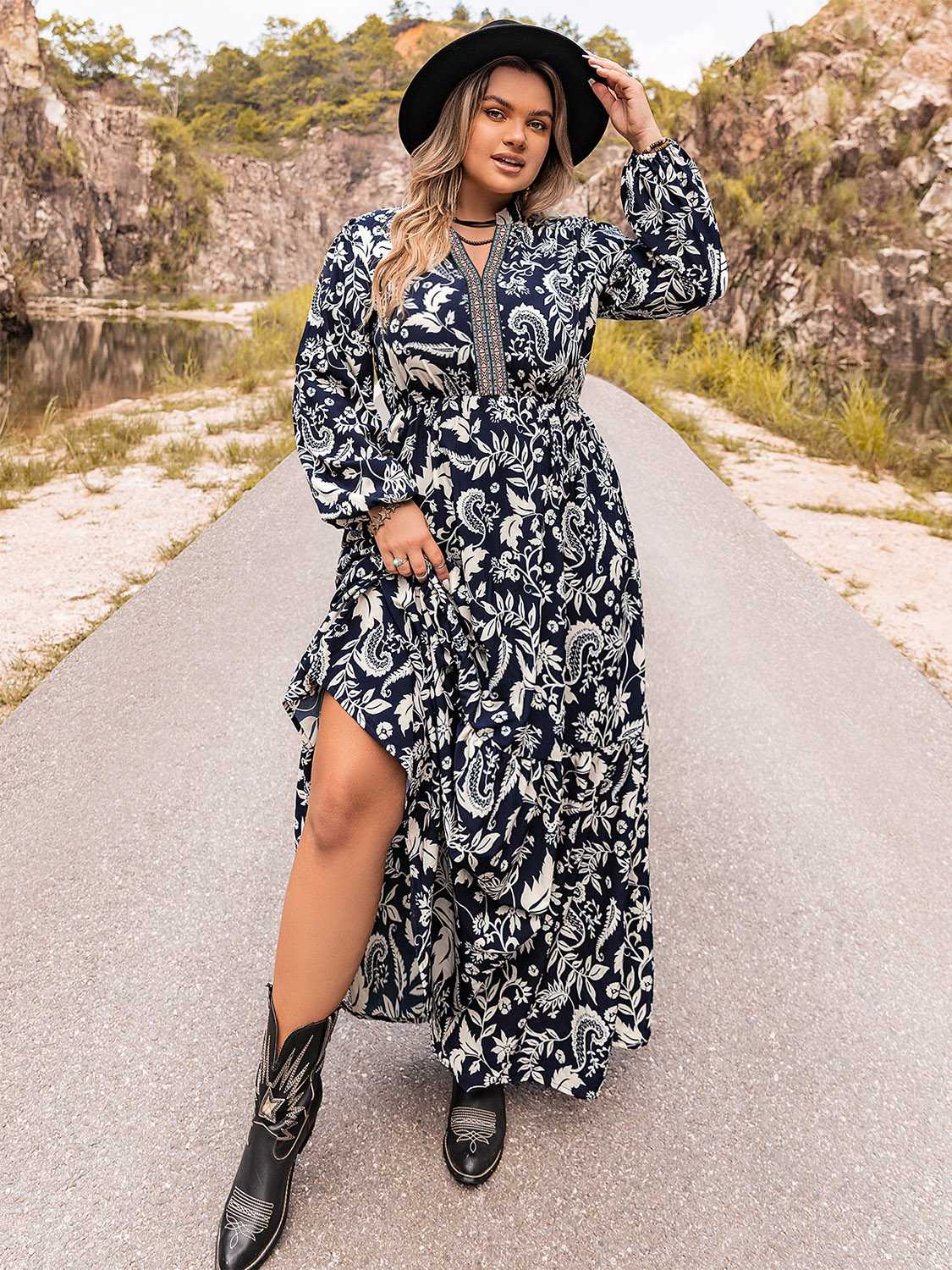 Plus Size Long Sleeve Maxi Dress - felvior