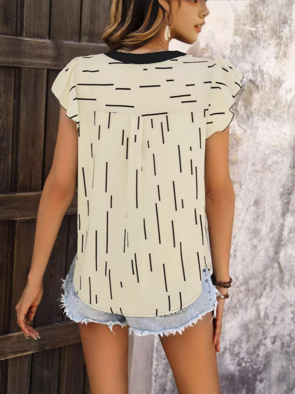 Notched Ruffled Cap Sleeve Blouse - felvior