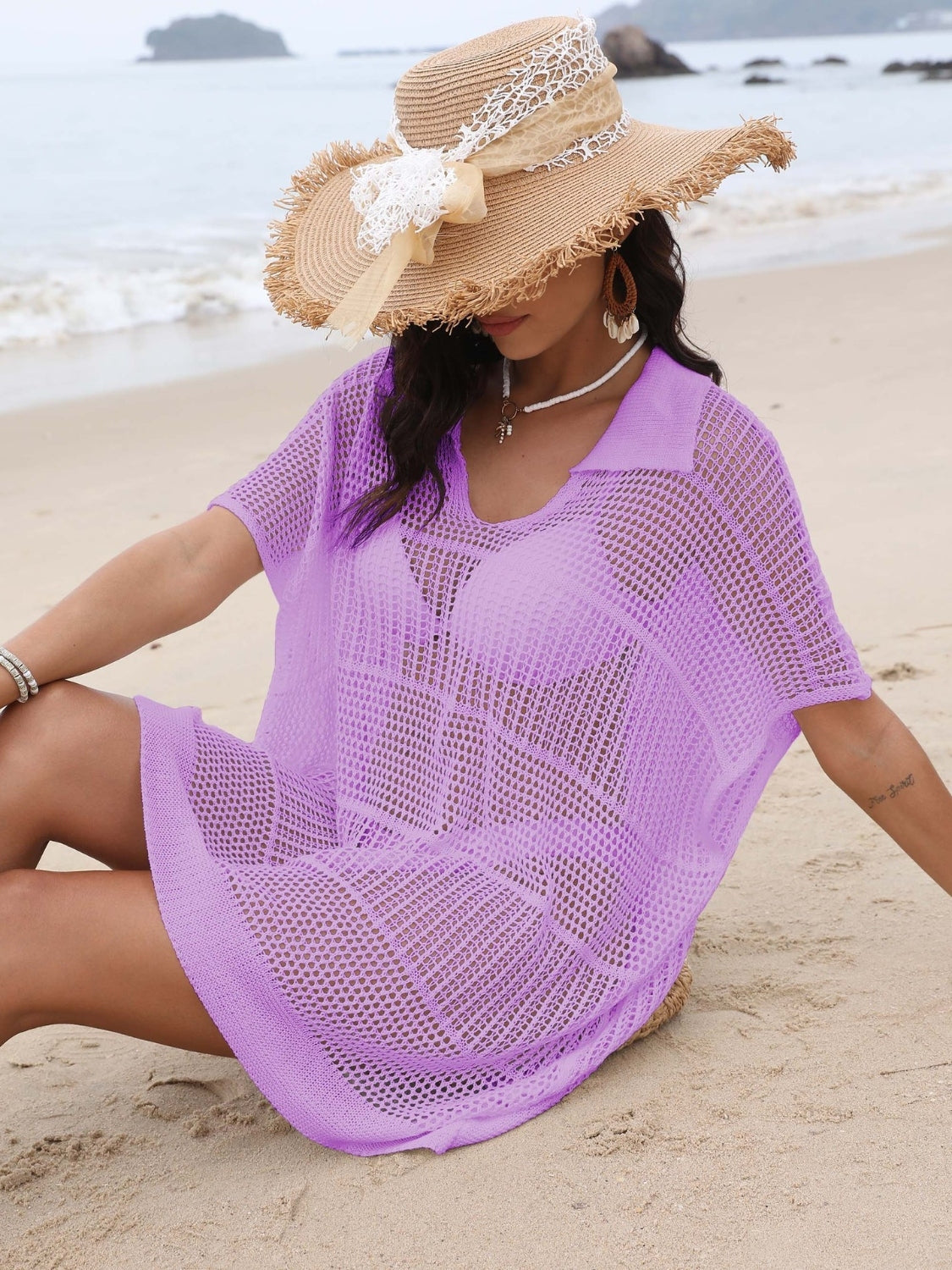 Hollow Out Collared Neck Cover-Up - felvior