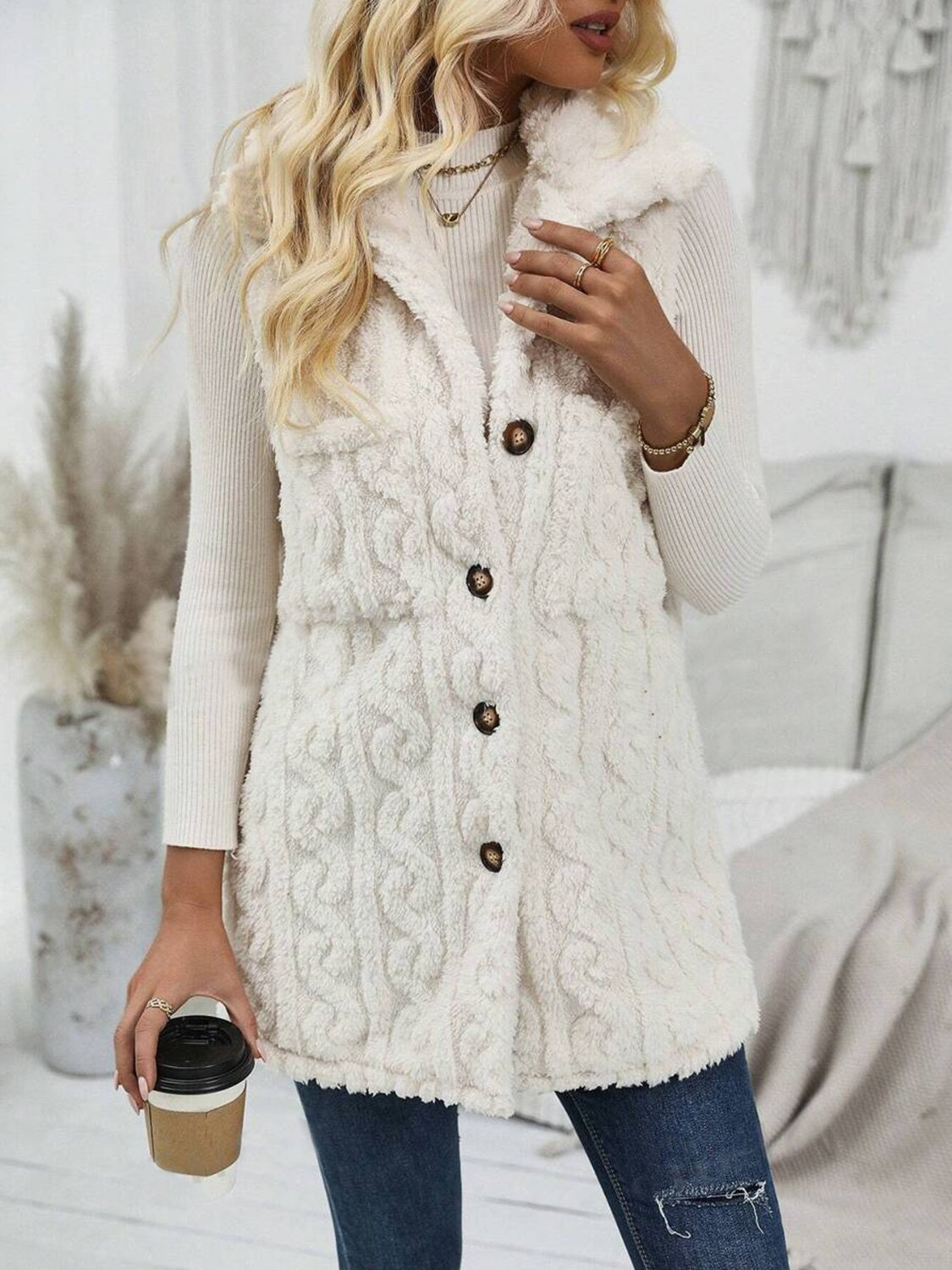 Fuzzy Button Up Vest Coat - felvior