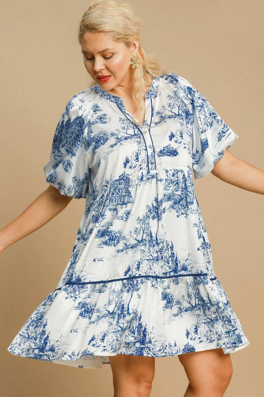 Umgee Full Size Two Tone Landscape Print Dress Plus Size - felvior