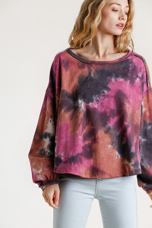 Umgee Full Size Tie Dye Round Neck Long Balloon Sleeve Top Plus Size - felvior