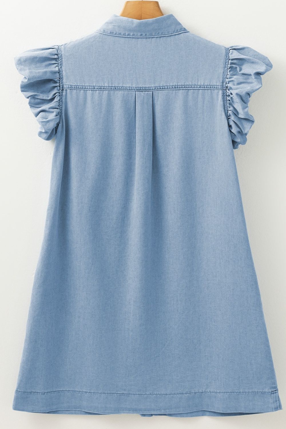Smocked Collared Neck Cap Sleeve Denim Dress